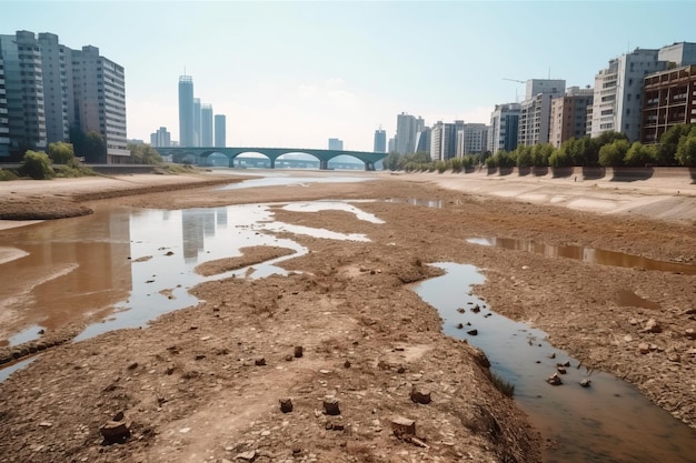 Un fiume è pieno di fango e lo skyline della città è sullo sfondo.