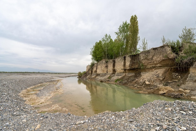 Un fiume fangoso con vegetazione verde sulla riva