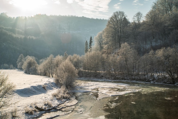 Un fiume ghiacciato scorre vicino agli alberi nella neve in una fredda giornata invernale