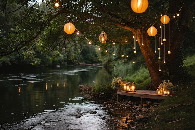 Un fiume illuminato da luci appese che proiettano un soffice bagliore sulla superficie delle acque Impostazione elegante lungo una riva del fiume con lanterne appese agli alberi circostanti