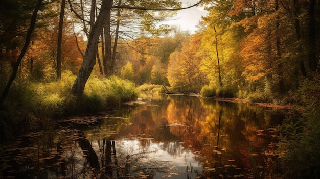 Un fiume in autunno con una foresta sullo sfondo