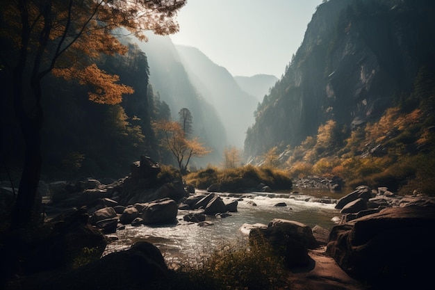 Un fiume in montagna con il sole che splende sugli alberi