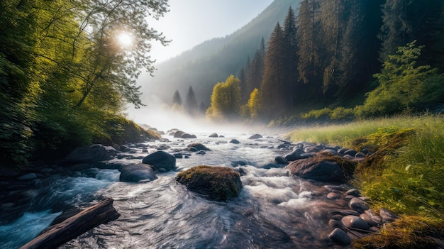 Un fiume in montagna con una montagna sullo sfondo