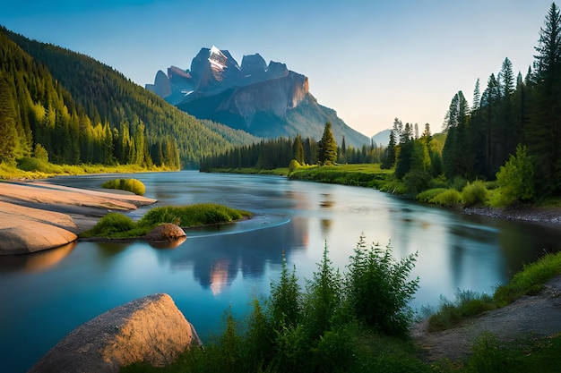 Un fiume in montagna con una montagna sullo sfondo