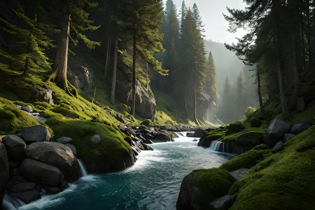 Un fiume in una foresta con una cascata e alberi