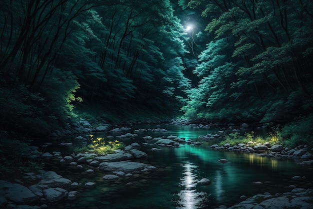 Un fiume in una foresta con una luna sul fondo