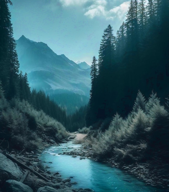 Un fiume in una foresta con una montagna sullo sfondo.