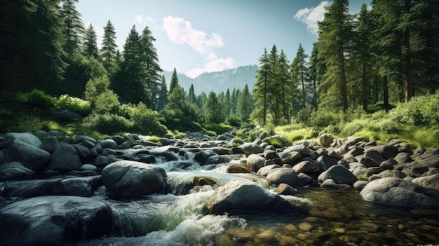 Un fiume in una foresta con una montagna sullo sfondo