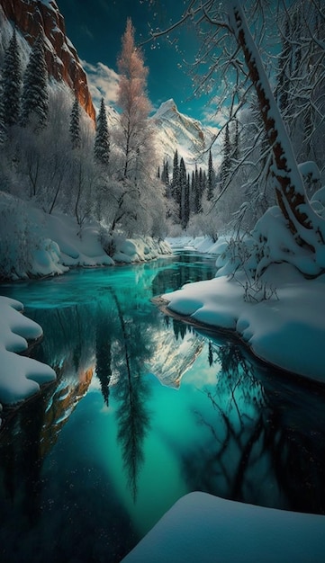 Un fiume innevato nella foresta con un cielo blu e la luna