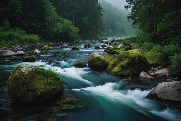 Un fiume nebbioso che scorre attraverso una foresta verde e lussureggiante