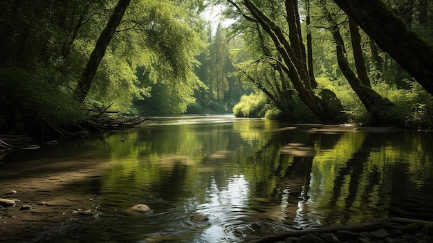 Un fiume nella foresta con alberi e un cielo verde