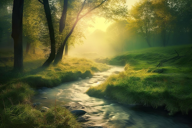 Un fiume nella foresta con il sole che splende su di esso Flusso di foresta e foresta verde al tramonto