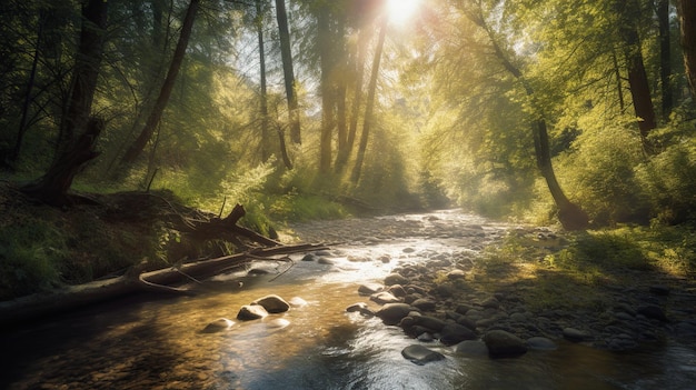 Un fiume nella foresta con il sole che splende su di esso