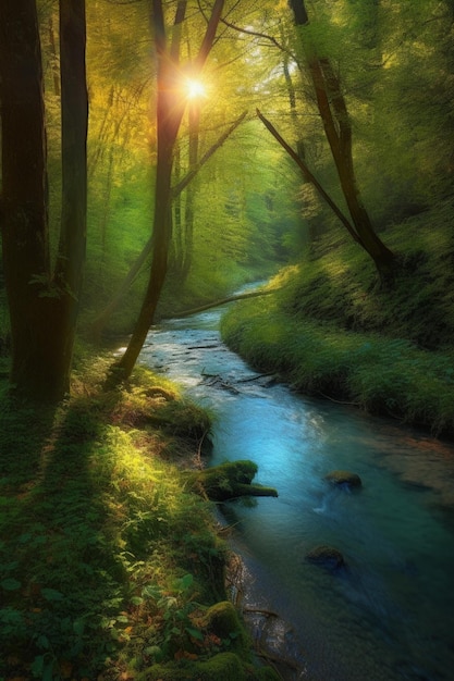 Un fiume nella foresta con il sole che splende su di esso.