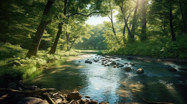 Un fiume nella foresta con il sole che splende su di esso