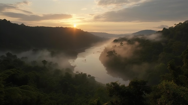 Un fiume nella foresta con il sole che tramonta