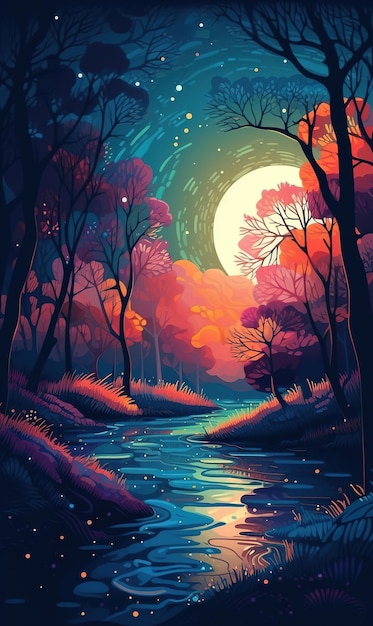Un fiume nella foresta con la luna e le stelle