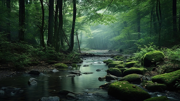 un fiume nella foresta con rocce ricoperte di muschio