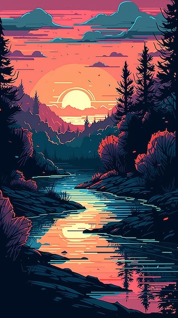 Un fiume nella foresta con un tramonto e un fiume.