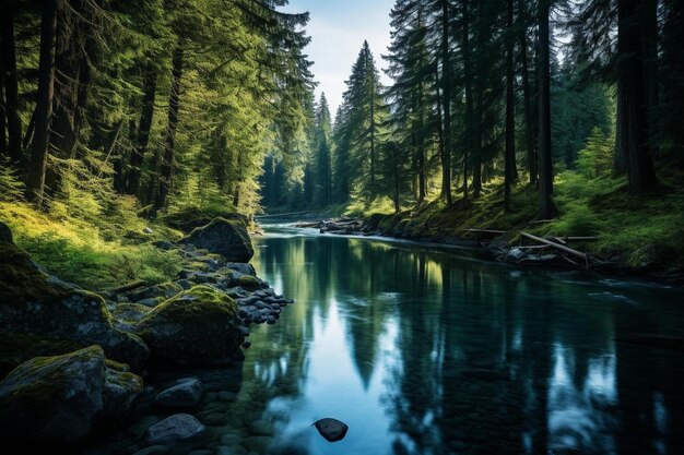 Un fiume nella foresta con una roccia nell'acqua