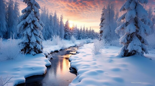 un fiume nella foresta invernale con alberi coperti di neve e un cielo al tramonto