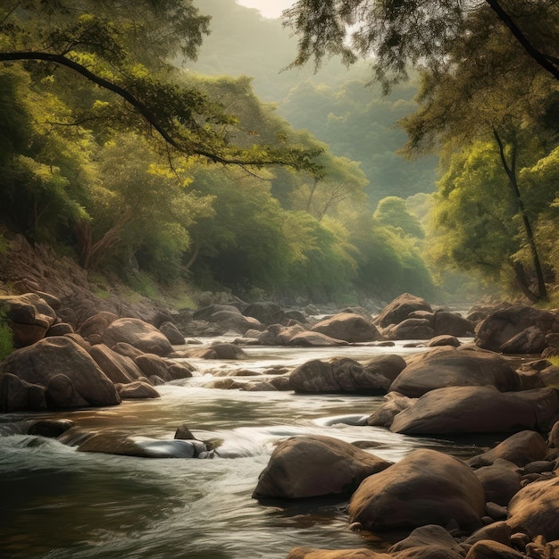 Un fiume nella giungla con uno sfondo verde e il sole che splende sull'acqua.