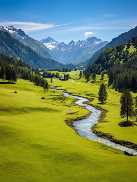 Un fiume scorre attraverso un campo verde con le montagne sullo sfondo