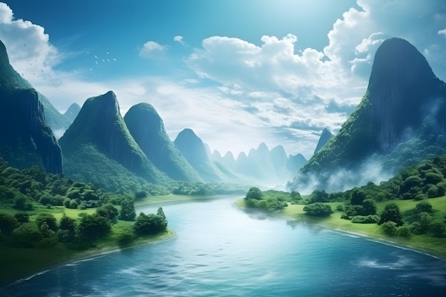 un fiume scorre attraverso un paesaggio montuoso con le montagne sullo sfondo