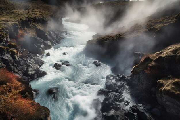 Un fiume scorre attraverso un paesaggio roccioso con una montagna sullo sfondo.