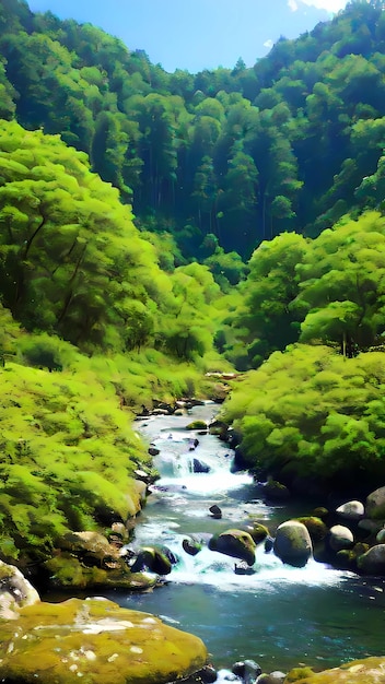 un fiume scorre attraverso una foresta con alberi e rocce sullo sfondo.