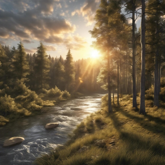 un fiume scorre attraverso una foresta con alberi e un tramonto sullo sfondo