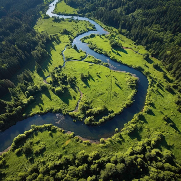 un fiume scorre attraverso una foresta con alberi e una foresta sullo sfondo