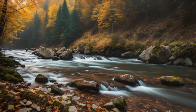 un fiume scorre attraverso una foresta con alberi sullo sfondo