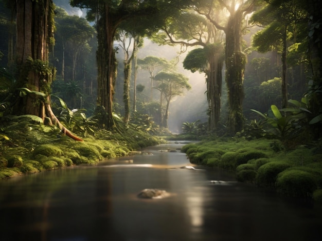 un fiume scorre attraverso una foresta con un fiume sullo sfondo