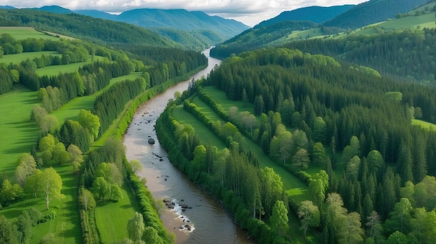 un fiume scorre attraverso una foresta con una foresta sullo sfondo