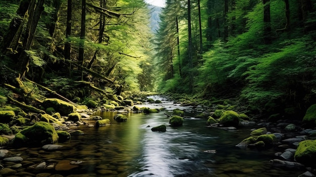 Un fiume scorre attraverso una foresta con uno sfondo verde.