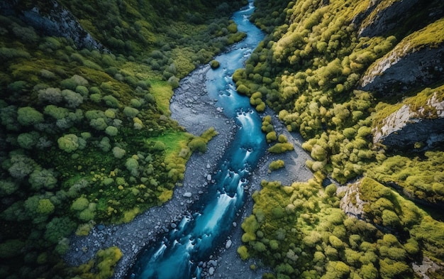 Un fiume scorre attraverso una valle con alberi e montagne sullo sfondo.