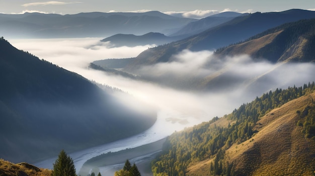 Un fiume scorre attraverso una valle con la nebbia in primo piano.