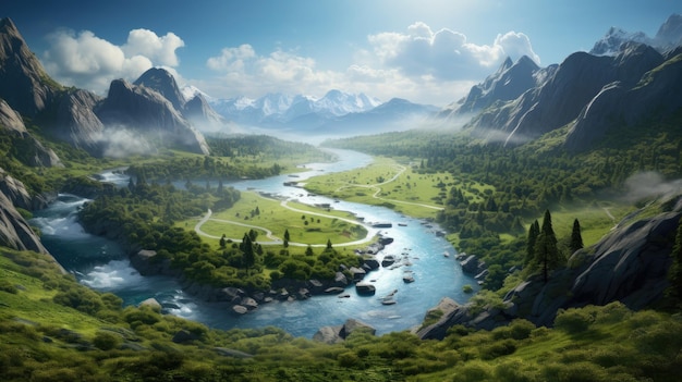 un fiume scorre attraverso una valle con le montagne sullo sfondo.