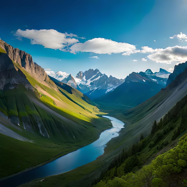 Un fiume scorre attraverso una valle con le montagne sullo sfondo.