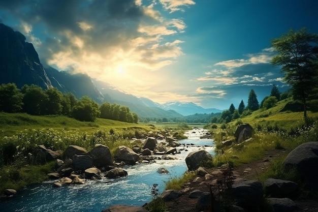 un fiume scorre attraverso una valle con le montagne sullo sfondo.