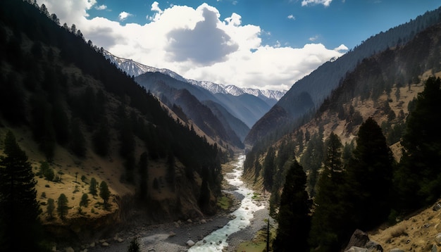 Un fiume scorre attraverso una valle con le montagne sullo sfondo.