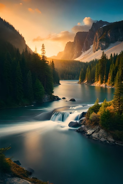 Un fiume scorre su un paesaggio montano con una montagna sullo sfondo.