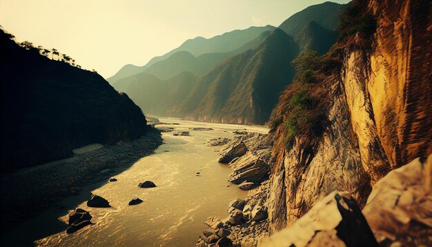 Un fiume scorre tra le montagne in lontananza.