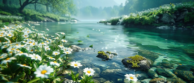 Un fiume sereno che scorre attraverso una foresta lussureggiante che riflette la luce solare e incarna l'essenza della natura tranquilla