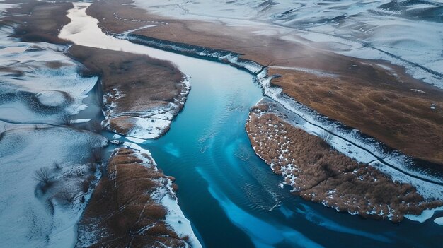 Un fiume tortuoso che attraversa un paesaggio perdendo il suo mantello invernale le sue acque chiare e piene di vita rispecchiano il cielo sopra