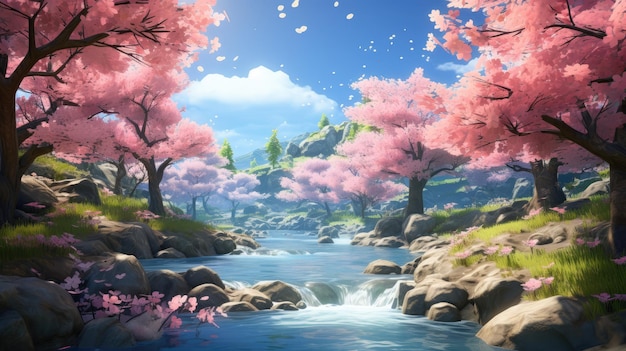 Un fiume tranquillo che scorre attraverso una foresta in fiore