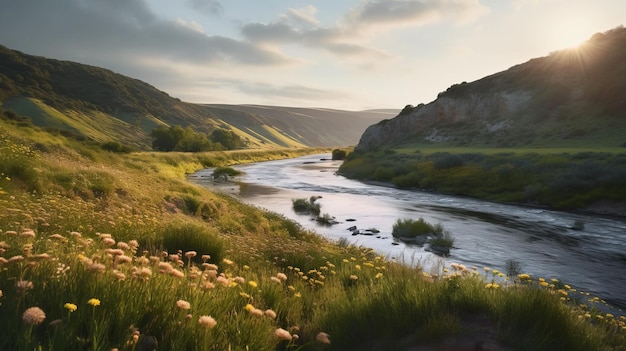 Un fiume tranquillo che si snoda tra le colline e la fioritura selvaggia