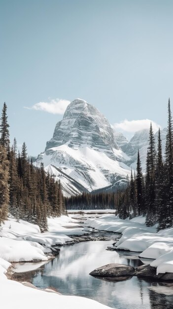 Un fiume turchese che attraversa una foresta di montagna invernale e alberi coperti di neve