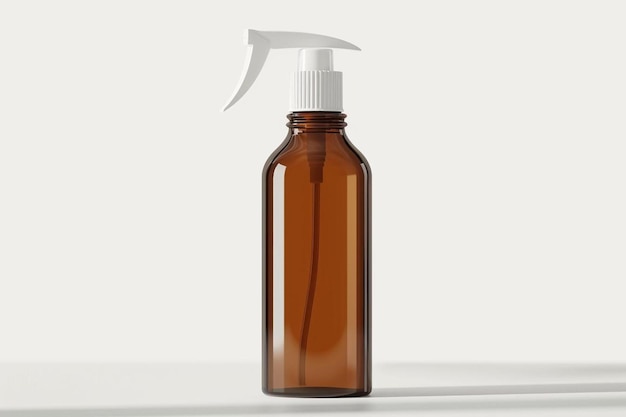 un flacone spray in vetro marrone con uno spruzzatore bianco